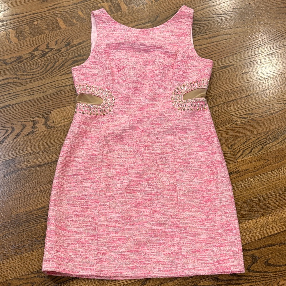 Lilly Pulitzer Pink Sleeveless tweed Jewel-Embellished Dress, mesh insert, 8